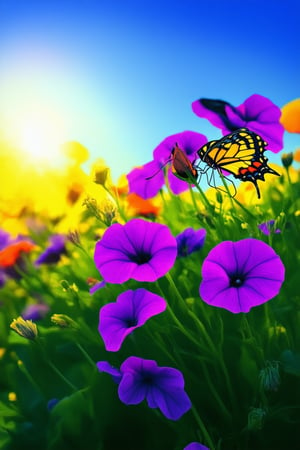 A burst of vibrant, colorful energy radiates from a whimsical garden scene: A bright yellow butterfly perches delicately on a purple petunia as a bouquet of rainbow-hued flowers sways gently in the background. Soft sunlight casts a warm glow, illuminating the lush greenery and vibrant blooms. The camera captures a medium shot, framing the delightful insects and flora against a blurred, sun-kissed sky.