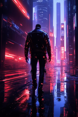 A dystopian cityscape at dusk, neon lights reflected in wet pavement as a lone figure emerges from shadows: a cybernetic mercenary with glowing blue optics and metallic limbs, dressed in tattered leather jacket and ripped jeans, walking towards the viewer amidst a backdrop of towering skyscrapers and holographic advertisements.