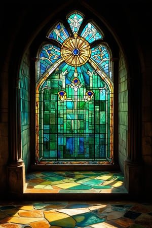 A majestic stained glass window glows with vibrant colors against a backdrop of ornate stone architecture. Delicate panes of emerald green, sapphire blue, and amber yellow filter sunlight, casting intricate patterns on the floor. A gentle curve of leaded glass frames the scene, as if a rainbow had burst forth from the ancient stones.