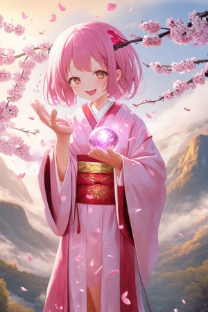 A fantastical anime-inspired scene: A mystical girl with vibrant pink hair and matching kimono, standing amidst a whirlwind of swirling cherry blossom petals. Soft focus lens captures her ethereal smile and delicate fingers as she holds a shimmering crystal orb, against a warm golden-hour backdrop of misty mountains.