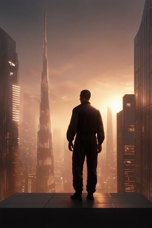 A futuristic cityscape at dusk, with neon lights illuminating the towering skyscrapers. A lone figure, dressed in a sleek black jumpsuit, stands atop a rooftop, gazing out into the hazy distance. The lighting is a blend of warm and cool tones, with the setting sun casting long shadows across the metallic surfaces. The atmosphere is one of anticipation and mystery.