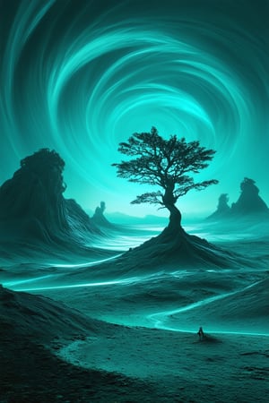 A surreal, dreamlike landscape on a cyan planet, with a swirling vortex of iridescent gases in the distance. A lone, glowing tree rises from the turquoise terrain, its branches stretching towards the cerulean sky like ethereal tentacles. Soft, pulsing lighting illuminates the misty atmosphere, casting an otherworldly glow.