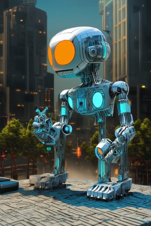 A futuristic robotic landscape: A metallic robot, with glowing blue circuits and a sleek silver body, stands tall amidst a cityscape of towering skyscrapers. Neon lights reflect off its shiny surface as it surveys the urban jungle, spotlights casting dramatic shadows on the concrete terrain.