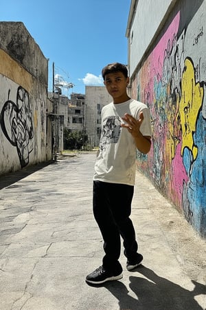 A vibrant street art scene: a young graffiti artist, 'Kun', stands confidently in front of a colorful mural on a city alleyway wall. The bright blue sky and warm sunlight illuminate the scene, with subtle shadows accentuating the texture of the rough stone pavement. Kun's bold, black-and-white artwork adorns the wall behind him, as he proudly gestures to his latest masterpiece.