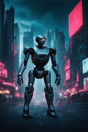 A futuristic cityscape at dusk, with sleek skyscrapers and neon lights illuminating the darkening sky. In the foreground, a stylized robot stands confidently, its metallic body rendered in bold lines and flat colors, as if plucked from a Line art sketch. The city's bustling streets are filled with retro-futuristic vehicles and towering billboards, all bathed in an otherworldly glow.