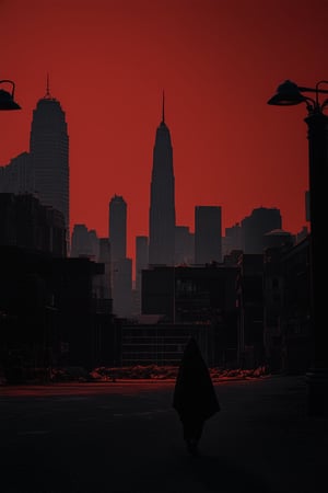 A darkened cityscape looms in the shadows, with towering skyscrapers silhouetted against a foreboding crimson sky. Flickering streetlights cast an eerie glow on the deserted streets, where a lone figure cloaked in darkness navigates the desolate landscape.