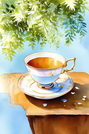 A delicate watercolor painting depicts a serene still life scene: a vintage teacup and saucer sit on a worn wooden table, surrounded by lush greenery and soft, fluffy petals. The cup's intricate design and the saucer's subtle curves are highlighted against a dreamy blue background, with gentle brushstrokes evoking a sense of whimsy.