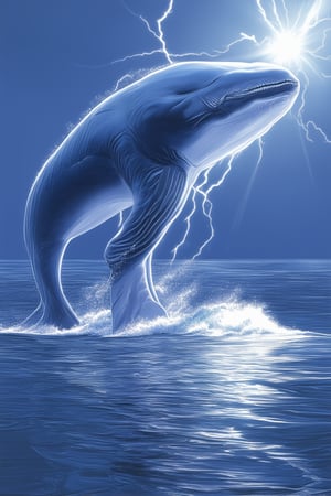 A majestic blue whale breaches the calm surface of a cerulean ocean, its massive body arching upwards as it lets out a thunderous blow. The sunlight dances across the waves, casting a warm glow on the surrounding water and illuminating the gentle ripples.