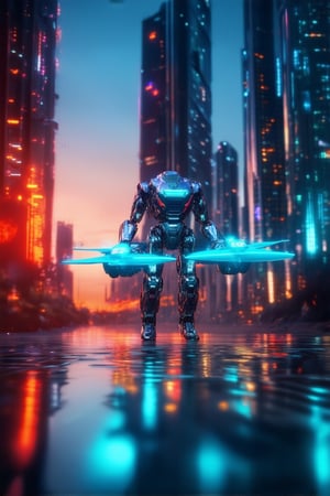 A futuristic cityscape at dusk, with sleek skyscrapers and neon lights reflecting off the wet pavement. A hoverbike zooms by, its bright blue propellers whirring as it leaves a trail of shimmering sparks. In the foreground, a humanoid robot stands tall, its metallic body glowing with a soft blue hue.