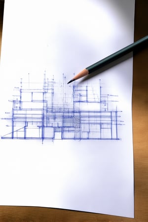 A detailed blueprint sketch on a white background, with faint lines tracing architectural designs and precise measurements filling the space. The lighting is soft and even, casting no shadows. A pencil glides effortlessly across the paper, leaving behind a trail of graphite marks as it creates a precise and intricate drawing.