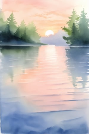 A delicate watercolor painting of a serene lake scene at dawn, with gentle ripples on the tranquil water's surface. Soft pink and peach hues illuminate the misty atmosphere, as the sun rises behind a backdrop of lush green trees. A few wispy clouds linger in the sky, adding to the dreamlike quality.