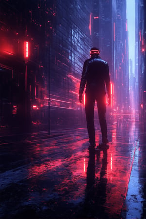 A futuristic cyberpunk scene unfolds: a sleek, high-tech cityscape at dusk, with neon lights reflecting off wet pavement. A lone figure, dressed in dark leather and augmented reality glasses, stands atop a crumbling skyscraper, silhouetted against the vibrant hues of the city. The camera's low-angle shot emphasizes their dominance over the urban jungle, while the warm glow of streetlights casts long shadows, accentuating the gritty atmosphere.