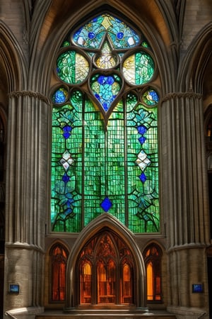 Vibrant stained glass windows adorn the Gothic-style church's exterior, casting kaleidoscopic hues on the stone walls as sunlight filters through. Delicate panes of emerald green, sapphire blue, and amber orange create a mesmerizing mosaic, as if Heaven itself had burst forth in radiant color.