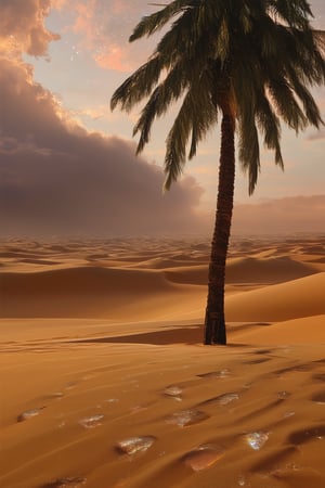 A sweeping desert landscape, with golden sandy dunes stretching towards the horizon, illuminated by the warm glow of a setting sun. A lone palm tree stands tall, its trunk and leaves glistening in the fading light. The sky above is painted with hues of orange and pink, as the stars begin to twinkle like diamonds scattered across the canvas.