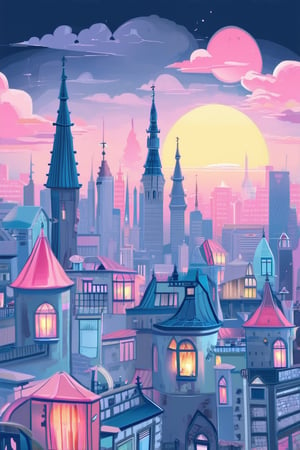 A whimsical illustration of a fantastical cityscape at dusk, with vibrant 2D art style. Soft pastel hues of pink and blue envelop the scene as the sun dips behind towering spires. Delicate architecture and intricate details dance across the canvas, while wispy clouds carry lanterns, casting a warm glow.