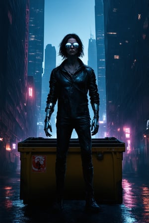 A gritty neon-lit cityscape at dusk. A lone figure, dressed in tattered leather and mirrored shades, stands atop a dumpster amidst a sea of towering skyscrapers. Flickering holographic advertisements cast an otherworldly glow on the wet pavement. The subject's cybernetic arm gleams with metallic sheen as they gaze out upon the dystopian metropolis, ready to take on whatever dangers lurk in the shadows.