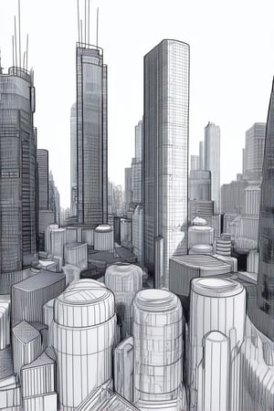 A line art illustration of a digital architecture blueprint in SketchUp style: A futuristic cityscape with sleek skyscrapers and curvaceous buildings, rendered in bold black lines on a white background. The composition is divided into thirds, with the central tower standing out from the rest. Shadows and highlights are subtly hinted at through varying line thicknesses.