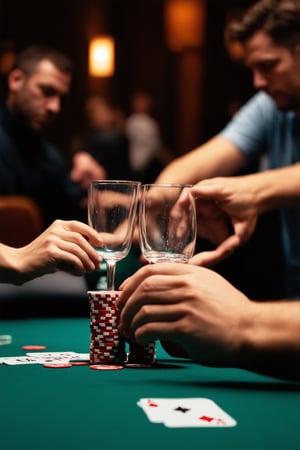 A high-stakes poker game unfolding in a smoky, dimly lit casino room. The camera frames a close-up shot of the player's hands, fingers nervously manipulating chips as they place their final bet. Soft, golden lighting highlights the tense atmosphere, casting a warm glow on the felt-covered table. The background is a blur of noisy chatter and clinking glasses, emphasizing the intense focus on the game.