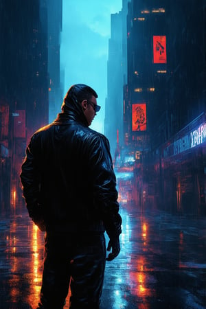 A gritty futuristic cityscape at dusk, with neon lights reflecting off wet pavement. A lone figure, a rebellious hacker, stands tall, backlit by the fiery glow of a skyscraper's rooftop billboard, showcasing a cyberpunk-inspired graffiti tag: 'CyberPunkBoom'. The subject's leather jacket and mirrored sunglasses gleam in the dim light, as they gaze out into the darkening metropolis, ready to take on the corporate-controlled dystopia.