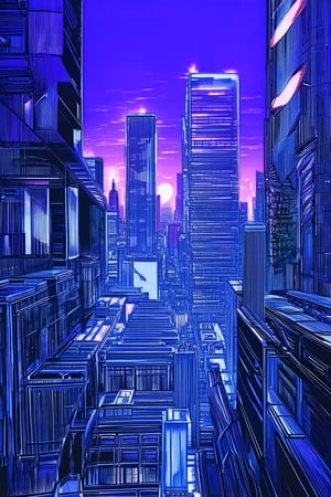 A vibrant line art illustration of a futuristic cityscape at dusk, with sleek skyscrapers and neon-lit billboards against a deep blue-purple sky. The camera frames a dramatic perspective from above, showcasing the urban landscape's intricate details and textures. The dominant colors are bold blues, purples, and bright whites, with subtle shading and texture adding depth to the overall design.