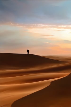 A majestic golden sand dune stretches across a vast desert landscape at sunset, with warm orange hues reflecting off its ridges as the sky transitions from bright blue to soft pink and purple. A lone figure stands atop the dune, silhouetted against the vibrant colors, with a subtle dust storm brewing in the distance.