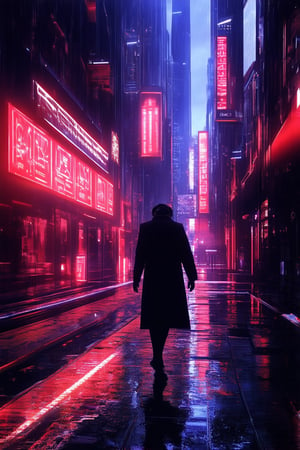 A futuristic cityscape at dusk, with neon lights reflecting off wet pavement. A lone figure in a long coat and sunglasses walks down a dimly lit alleyway, surrounded by towering holographic advertisements. The air is thick with the hum of hover drones and the distant thrum of cybernetic enhancements.