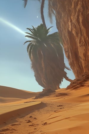 A sweeping desert landscape with a warm golden light, casting long shadows across sandy dunes and rocky outcroppings. A majestic palm tree stands tall in the distance, its fronds stretching towards the bright blue sky like outstretched arms. The sun's rays dance across the scene, illuminating the rich orange hues of the sand and creating a sense of depth.