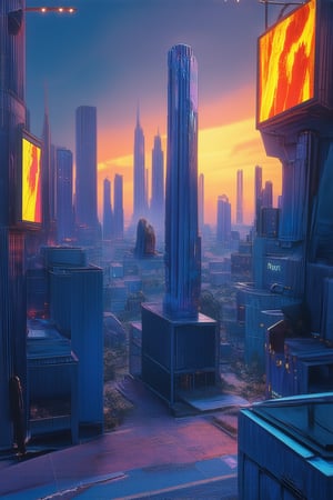 A surrealistic cityscape at dusk, with a gradient sky transitioning from deep blues to fiery oranges. A futuristic metropolis sprawls across the landscape, with sleek skyscrapers and neon-lit billboards reflecting off the chromatic hues. In the foreground, a lone figure stands atop a glowing blue pillar, silhouetted against the vibrant colors.