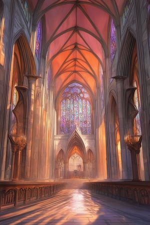 A vibrant stained glass artwork depicts a majestic cathedral interior at dawn. Soft pastel hues of pink and orange bleed across the ceiling as morning light filters through intricate panes. Majestic Gothic arches and soaring columns are bathed in warm, golden tones. The atmosphere is serene, with gentle rays illuminating intricately carved stone carvings.