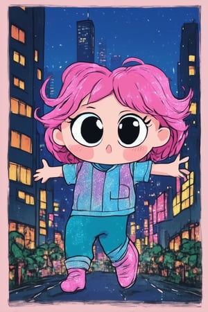 A whimsical illustration of a chibi Eveyeverything, standing amidst a vibrant cityscape at dusk. Eveyeverything's bright pink and blue hair bounces with each energetic step, as they gaze up at the neon-lit skyscrapers. Their outfit shimmers with iridescent fabrics and metallic accents, reflecting the twinkling lights of the city. The framing showcases Eveyeverything's dynamic pose, with one foot forward and arms outstretched, as if embracing the urban jungle.