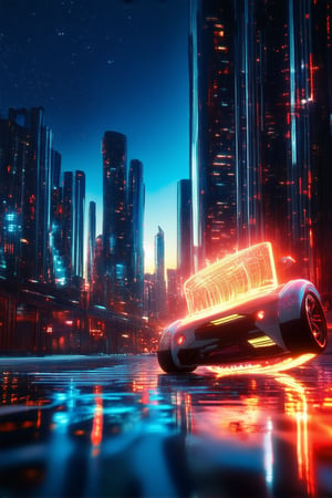 A futuristic cityscape at dusk, with sleek skyscrapers and neon-lit streets reflecting off a wet pavement. A hovercar zooms by, its LED lights flashing like a strobe as it whisks away a suited passenger. The city's skyline is bathed in a warm orange glow, while the distant stars twinkle like diamonds against a deep blue sky.