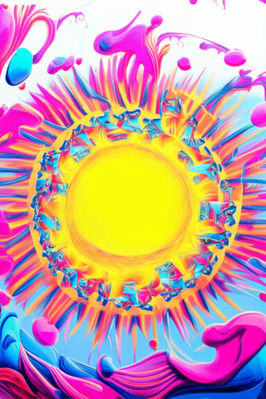 A kaleidoscope of vibrant colors! In this mesmerizing image, a bright yellow sun shines warmly, casting a radiant glow on a canvas of swirling pink, blue, and orange hues. A whimsical composition of geometric shapes and playful patterns dance across the frame, set against a crisp white background that provides a clean contrast to the kaleidoscope's colorful chaos.