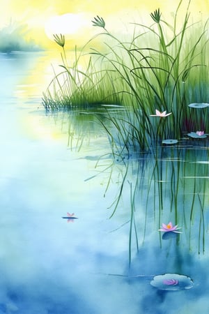 A whimsical watercolor painting depicts a serene lake scene at dawn. Soft brushstrokes of blue and green hues evoke misty morning fog surrounding a tranquil pond, with delicate lotus flowers floating on the surface. A warm sunlight casts gentle shadows on the rippling water's edge, as a few stray reeds sway gently in the breeze.