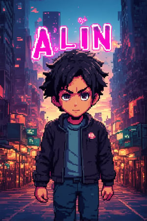 A close-up shot of a pixelated character's face, lit by a neon-lit cityscape at dusk, with bold typography and glitchy effects surrounding the subject. The pixel art style is vibrant and detailed, with subtle animations and dynamic lighting emphasizing the 'All In' concept. The background features a blurred cityscape with towering skyscrapers and bustling streets, as if the character is right in the midst of it all.