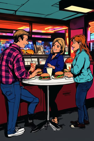 A nostalgic prompt! Here's a descriptive prompt:

A warm sun-kissed afternoon in a retro-themed diner. A '90s-style scene unfolds with neon lights humming in the background, casting a colorful glow on a bustling lunch crowd. A jukebox filled with grunge and alternative hits plays softly. A group of friends, sporting high-waisted jeans, flannel shirts, and chunky sneakers, laugh and chat over milkshakes and burgers at a Formica table.