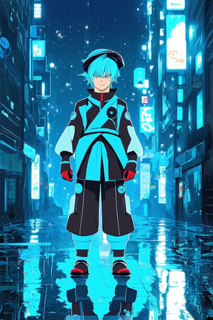 A vibrant blue hue dominates the frame as a young anime protagonist stands confidently in a futuristic cityscape at dusk. Neon signs reflecting off wet pavement create a mesmerizing contrast with the character's bright blue hair and outfit, while a darkening sky hints at an exciting adventure to come.