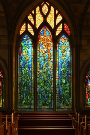 A majestic stained glass window glows with vibrant colors against a dark stone archway. Delicate panes of blue and green glass depict swirling floral patterns, while fiery reds and oranges dance across the top. Golden hues illuminate the intricate details of Gothic architecture, casting a warm glow on the adjacent pews.