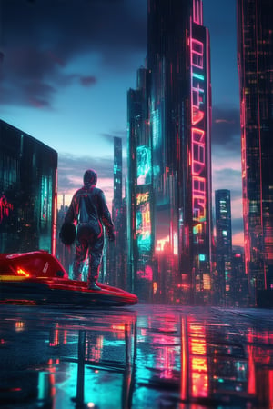 A futuristic cityscape at dusk, with sleek skyscrapers and neon-lit advertisements reflecting off a wet pavement. A lone figure in a metallic jumpsuit stands atop a rooftop, silhouetted against the vibrant blue-gray sky as a hovercraft whirs by, casting a warm glow.