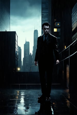 A dark and gritty cityscape at dusk, with towering skyscrapers and neon lights reflecting off wet pavement. A lone figure, a brooding dark hero, stands at the edge of the rooftop, gazing out over the metropolis with a mix of determination and melancholy on his face. His suit is tattered and black, his eyes piercing like a night sky.