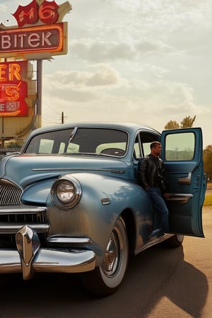 A nostalgic vision of a bygone era: a classic car, chrome gleaming in warm sunlight, parked in front of a vintage diner's neon sign. The open road stretches out behind, a legendary Route 66 backdrop. A lone figure, dressed in denim and leather, stands beside the vehicle, hands resting on the door frame, gazing off into the distance.