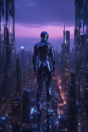 A futuristic cityscape at dusk, with neon-lit skyscrapers towering above a sprawling metropolis. In the foreground, a lone figure in a Holo-Dyss jumpsuit stands confidently, arms crossed and eyes gazing upwards towards the hazy purple sky. The city's vibrant lights reflect off the subject's gleaming suit, while the surrounding buildings seem to fade into the darkness.