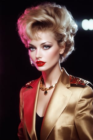 A glamorous beauty poses in a dimly lit, smoky room with neon lights reflecting off her porcelain skin and bold red lip. Shoulder pads accentuate her fitted blazer, while a messy bouffant hairstyle adds volume to her stylish updo. A statement gold necklace glimmers around her neck as she strikes a confident pose, exuding the sass and sophistication of an 80s supermodel.