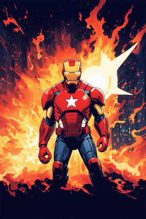 A vibrant, dynamic image of Marvel's iconic characters bathed in a kaleidoscope of bright colors, set against a backdrop of gleaming cityscapes. Iron Man's armor glows with fiery intensity as he stands confidently, his suit radiating a warm golden light. Captain America's shield shines like a beacon, surrounded by a halo of pure white. The composition is bold and graphic, with negative space emphasizing the characters' heroic poses.