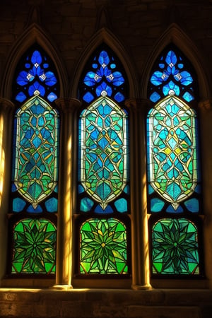 Vibrant stained glass windows filter warm sunlight into a medieval-style chapel, casting kaleidoscopic patterns on ancient stone walls. Delicate Gothic arches and intricate tracery support brilliant shards of blue, green, and gold glass, as if heaven's own light has descended upon the sacred space.