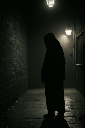 A dark, dimly-lit alleyway at dusk. A figure shrouded in shadows stands frozen, back against a brick wall. The only light comes from a distant streetlamp casting long, ominous silhouettes. The subject's face is obscured by the darkness, radiating an aura of mystery and uncertainty.