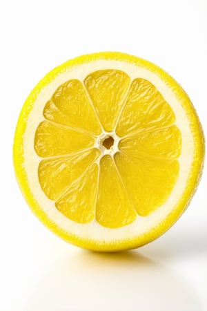 A close-up shot of a bright yellow lemon slice, set against a pure white background to emphasize its vibrant color. The lighting is soft and warm, with a slight golden glow highlighting the subtle texture of the lemon's skin. The composition is simple, with the lemon slice centered in the frame, allowing the viewer's focus on its beautiful hue.