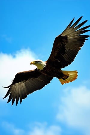 A majestic bald eagle soars through a bright blue sky with wispy white clouds, its wings outstretched and feathers ruffled by the gentle breeze. The framing is wide, capturing the bird's regal presence against the vast expanse of blue. Soft sunlight illuminates the scene, casting a warm glow on the eagle's tawny plumage.