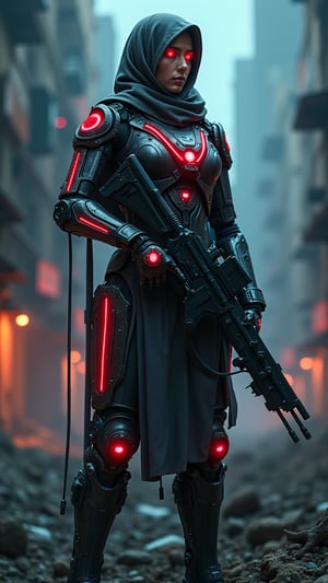 Cyber Warrior's Vigilance: A cinematic portrait of a women with hijab cyborg warrior standing amidst the ruins of a once-great city. He stands tall, his mechanical body a mesh of intricate circuitry and glowing neon lights, like a beacon in the dark. Her eyes glow bright red as she fixes her gaze on an unseen foe, laser rifle at the ready. The dynamic pose captures the tension as she prepares to strike, her metallic limbs flexed for action. The juxtaposition of organic flesh and mechanical parts creates a striking visual contrast, highlighting the fusion of woman and machine.