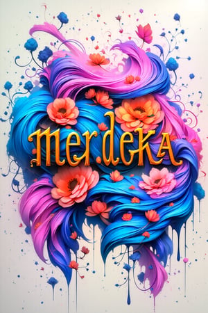 A text, the text is made of colorful ink, colorful ink brushstrokes in background, the text says “merdeka” Masterpiece quality, ((masterpiece)), ink explosion in background, ink everywhere, stunning image, Ink art style