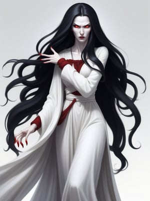 A tall evil woman, 1000 years old, long nails, long black hair falling over her face, red eyes, fully clothed, white skin, 2D cartoon, white background, full body, dangerous, supernatural,  very dangerous